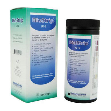 BioStrip Urinalysis Reagent Strips U10 Leukocyte, Nitrite, Urobilinogen, Protein, pH, Blood, Specific Gravity, Ketone, Billirubin, Glucose 100/box