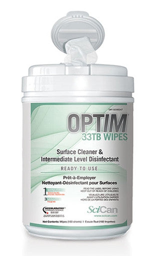 SciCan Optim 33TB Surface Disinfectant Wipes with Aloe Scent 6" x 7" 160/tub